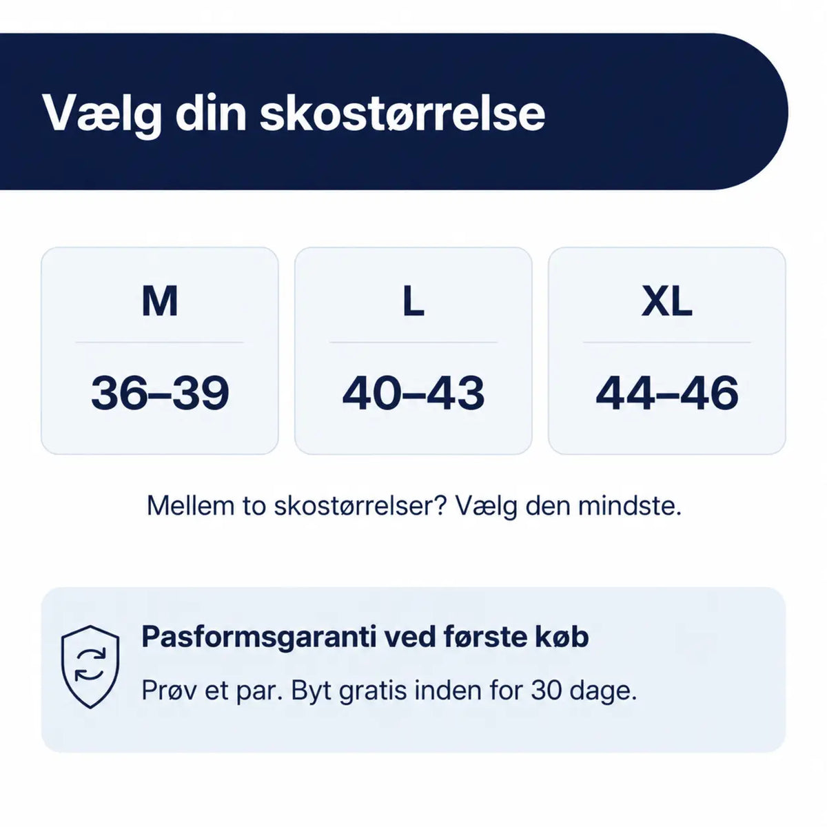 Diasocks størrelsesguide: M 36–39, L 40–43 og XL 44–46.